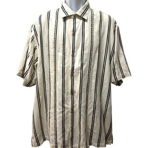 Tommy‎ Bahama Silk Camp Shirt Embroidered Striped Button Up Short Sleeve XL